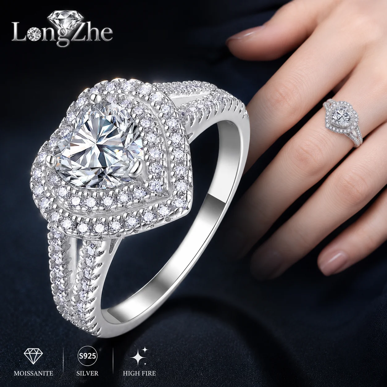 

LongZhe Moissanite Ring Silver 925 Rings for Women 6.5mm Heart Halo Ring 925 Sterling Silver Fine Jewelry Wedding Gift Bridal