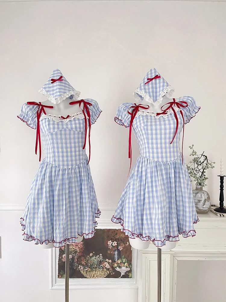 Summer Korean Plaid Mori Girl Vintage Mini 2000s Aesthetic Dress Women Ballet Core Frocks One-Piece Cute Party Fairy Sweet Lace