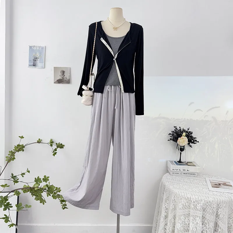 

Korean style age reducing camisole vest+sun protection cardigan+drawstring lace-up loose wide leg casual pants three piece set
