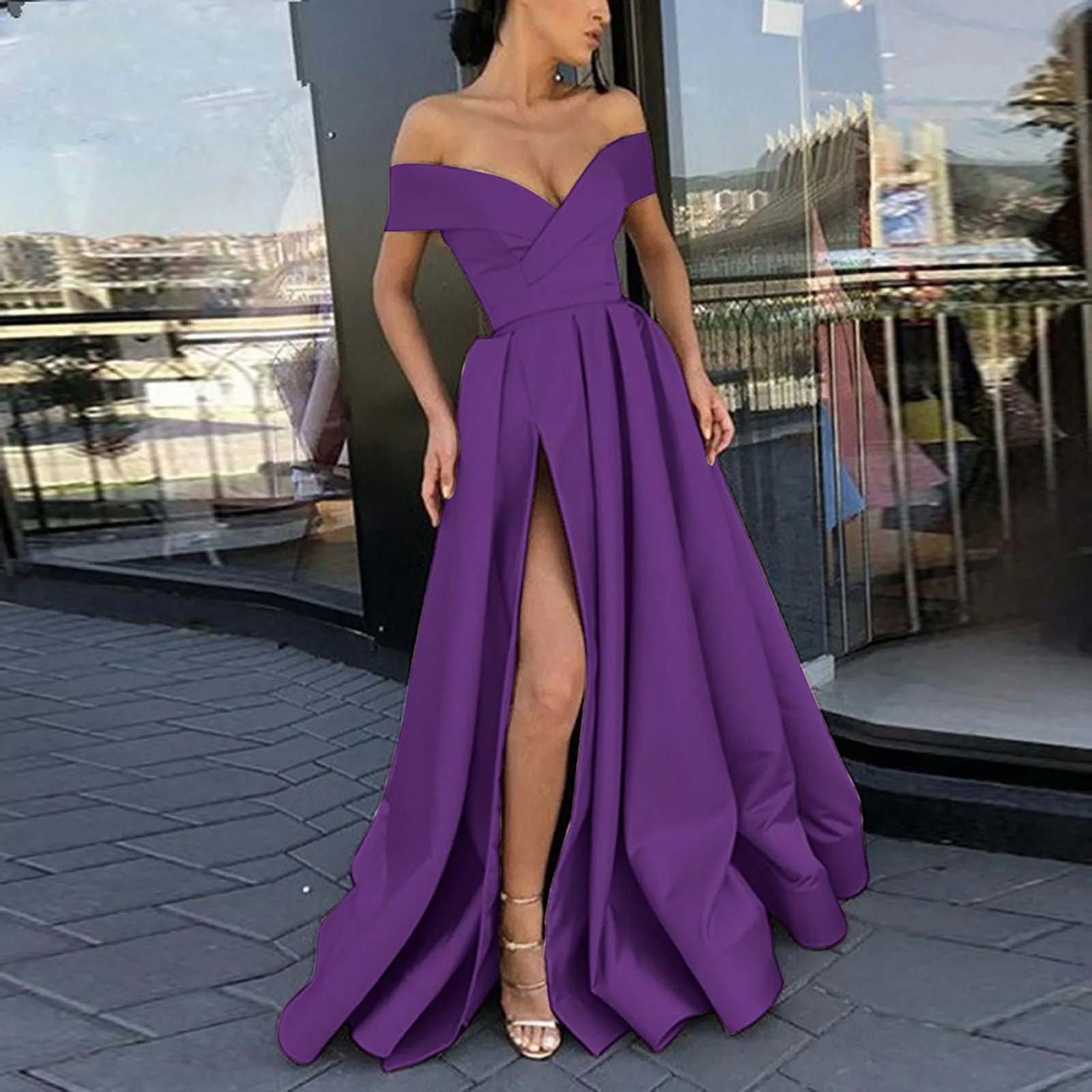 

Low Cut V-Neck Party Dress For Women Pleated High Slit Solid Color Waist Evening Dresses Elegant Female Formal Maxi Dress