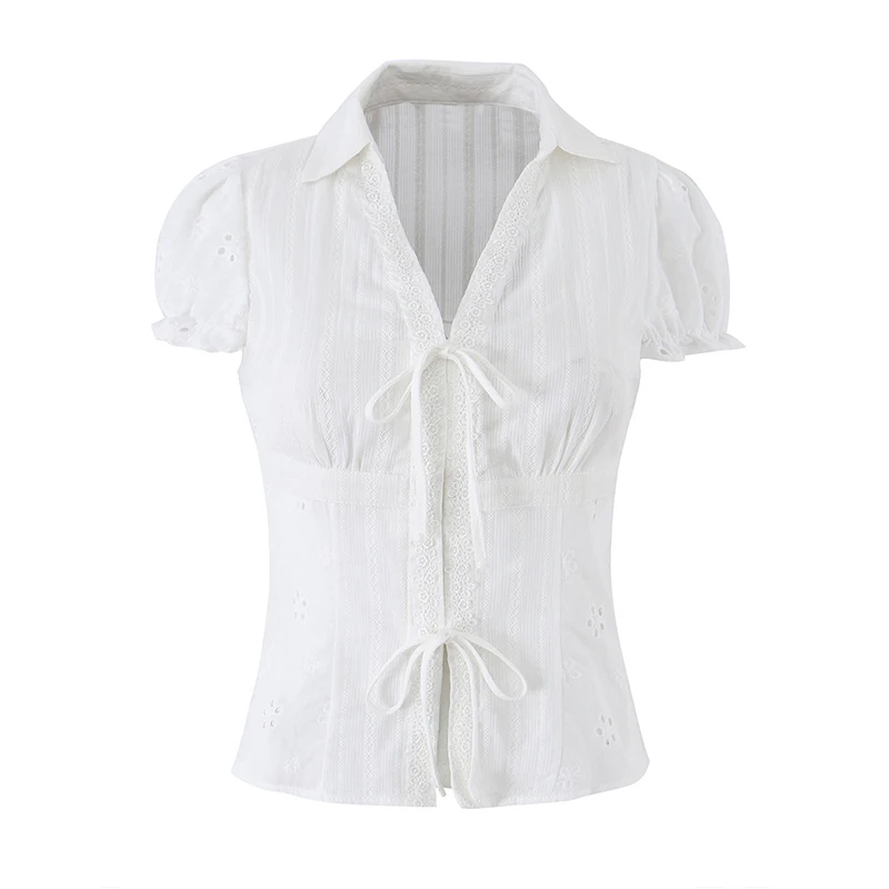 

YENKYE Floral Embroidery White Shirt Women Front Lace Up Lapel Collar Puff Sleeve Blouse Cotton Summer Tops