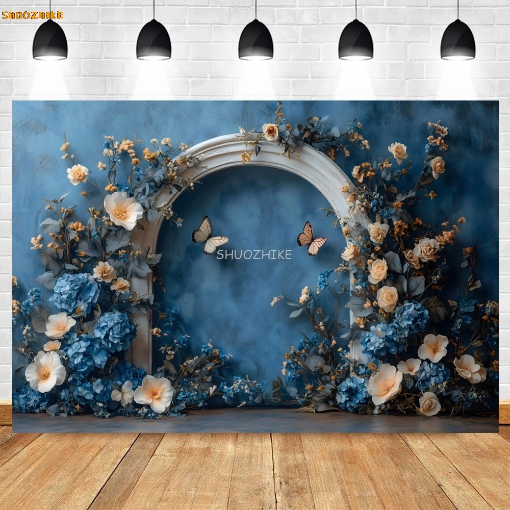 Blauer Farbverlauf, abstrakte Blumen, Bogen-Hintergrund für Kinder und Erwachsene, Kunstporträt, Hochzeit, Geburtstag, Party, Dekoration, Babyparty, Fotohintergrund