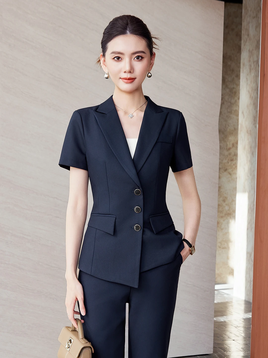 

Cobalt Blue Professional Women's Suit Set Short Sleeve Workwear Commute Style Fashionable Business Outerwear Jacket