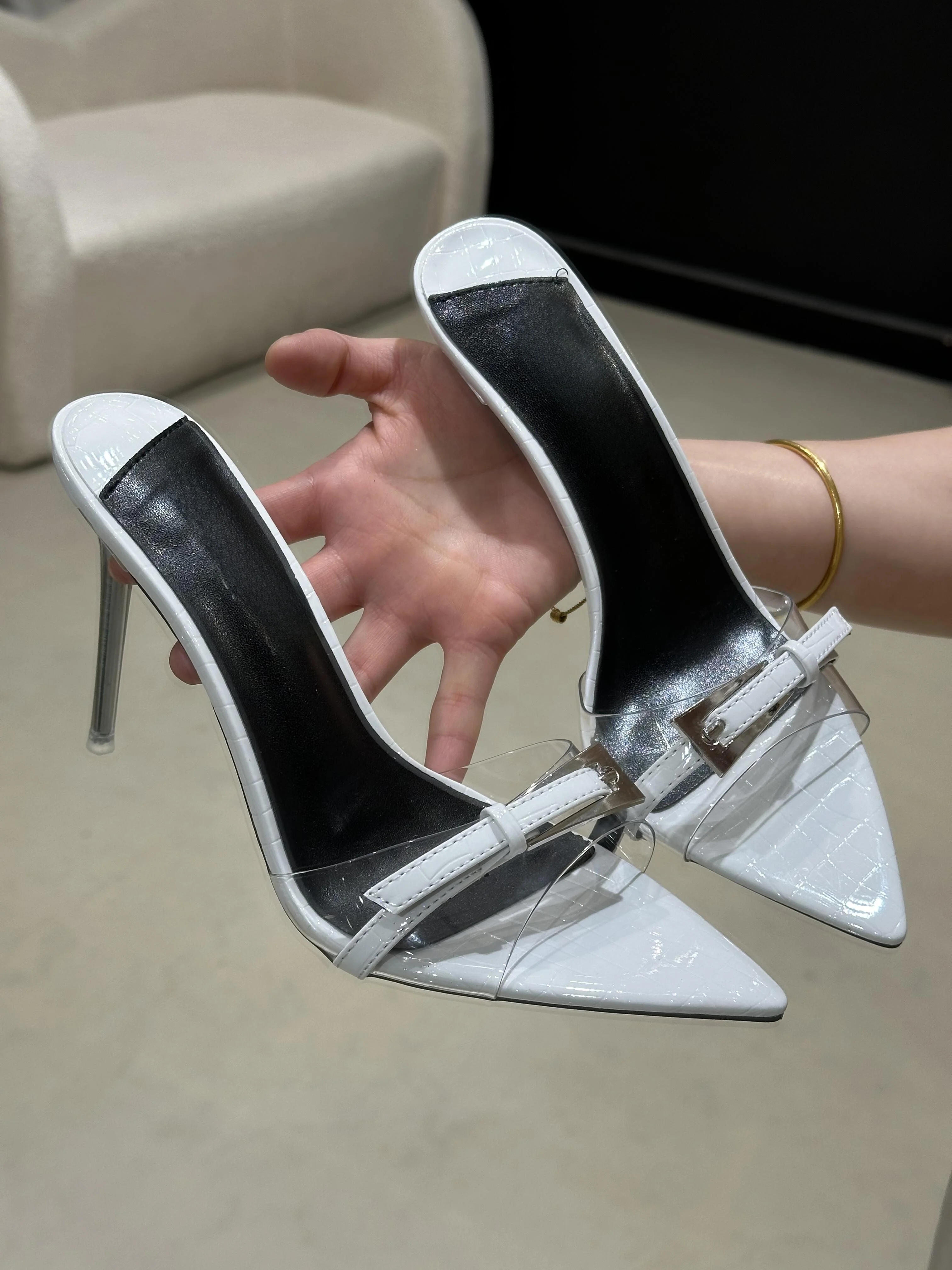 Strap high-heeled slippers for women in summer, new pointed thin heel transparent sheet sexy versatile sandals
