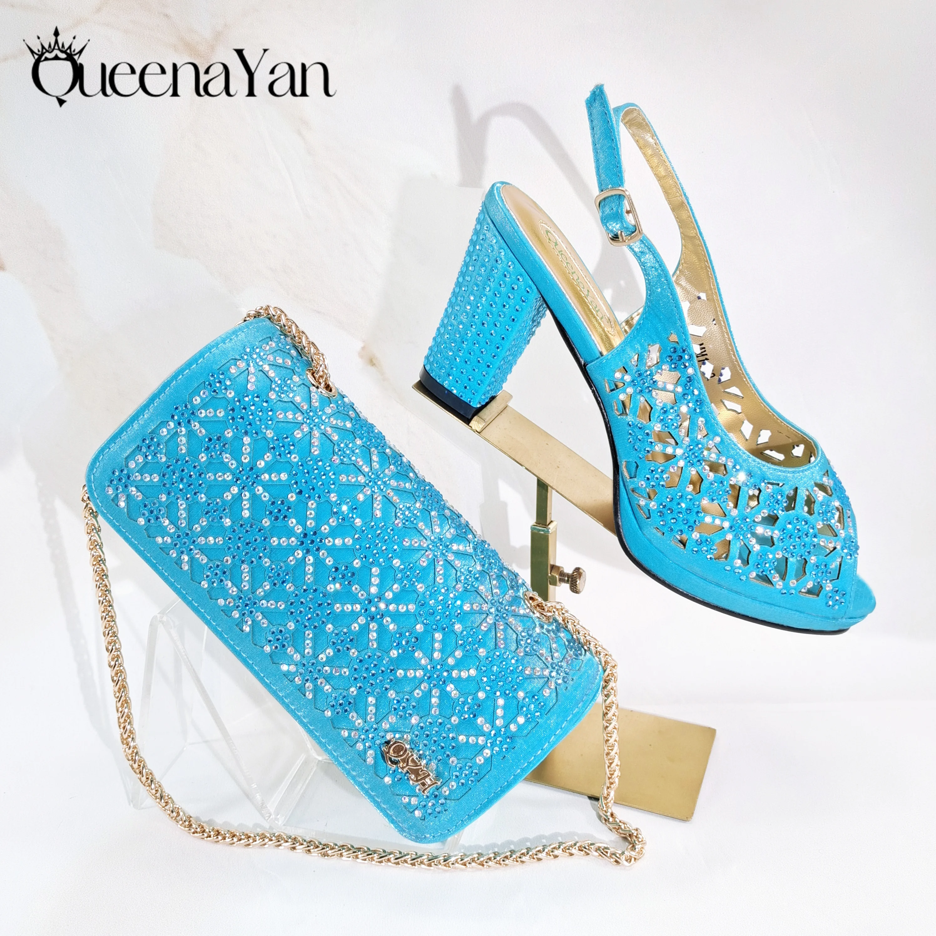 Queena Yan Elegant handmade sky blue shoes and bags, beautiful hollowed out hot stamping - perfect for weddings and parties
