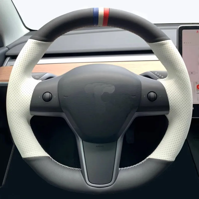 

For Tesla Model 3 2015-2021 Model Y 2019-2021 hand-stitched non-slip Black white genuine leather car Steering Wheel Cover