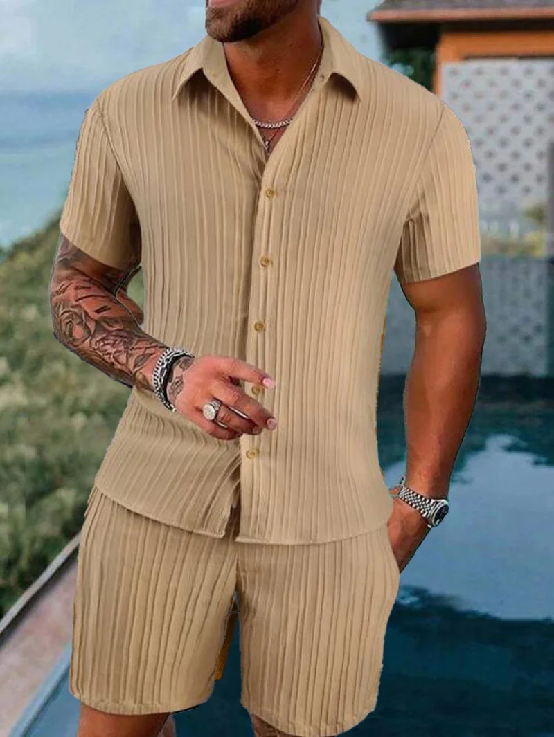 Spring and summer Europe and the United States new men\'s striped jacquard beach suit loose shorts shirt