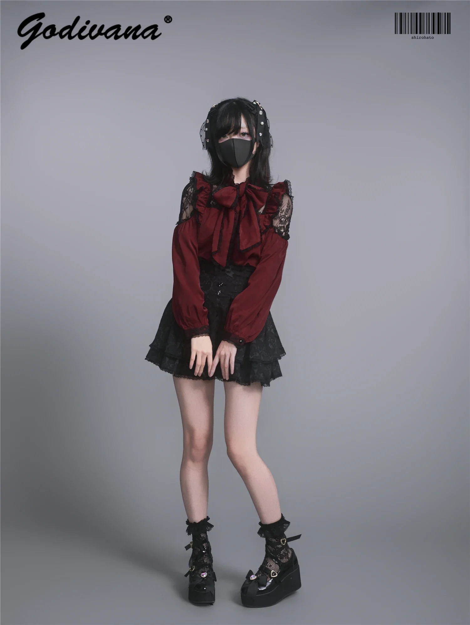 2024 Autumn Lace-Up Bow Collar Lace Splicing Long Sleeve Lolita Shirt Women Sweet Burgundy Shirt Japanese Black Blouses Girls