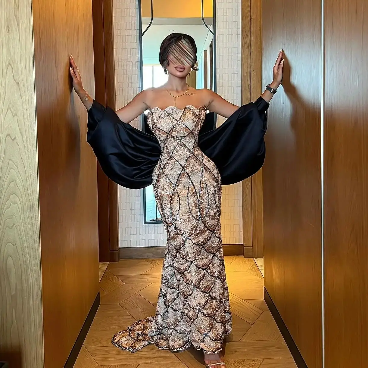 

Customized Luxury Strapless Evening Dress Gold Sequin Mermaid Prom Gown with Cape Sleeves Back Bow Formal Gown for Women Party