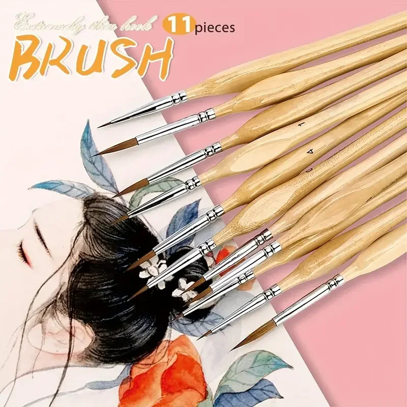 11pcs Premium Miniature Detail Paint Brush Set With Natural  Triangle Rod For Watercolor Oil Craft Models Line Drawing Great