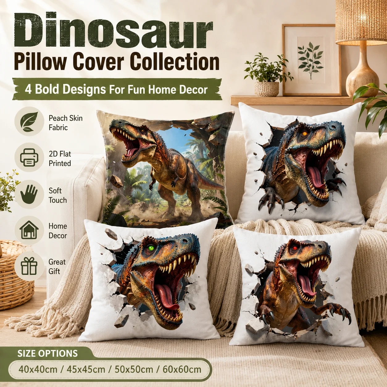 

Cool Dinosaur T-Rex Pillowcase 2D Flat Printed Peach Skin Cushion Cover Broken Wall Animal Throw Pillow for Boys Kids Room Decor