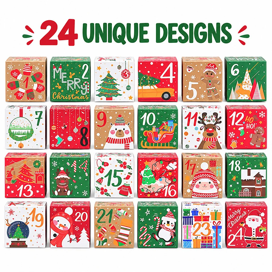 24pcs Christmas Advent Calendar Box Set Cartoon Xmas Pattern Empty Paper Boxes DIY Countdown Gift Boxes Surprise Gift Wrapping