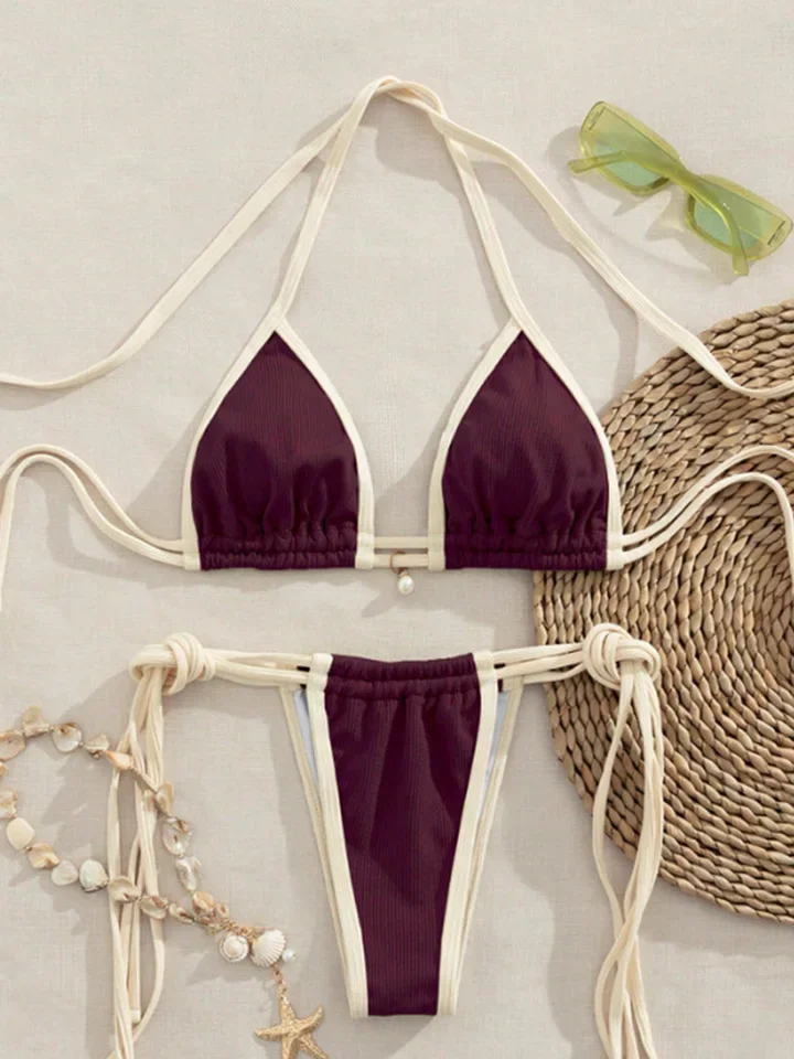 Zvzn 2026 Sexy Bathing Suit Block Color Biquini Thongs Swimming Wear Beach Printed Swimwear Bandage Bikinis Women Swimsuit