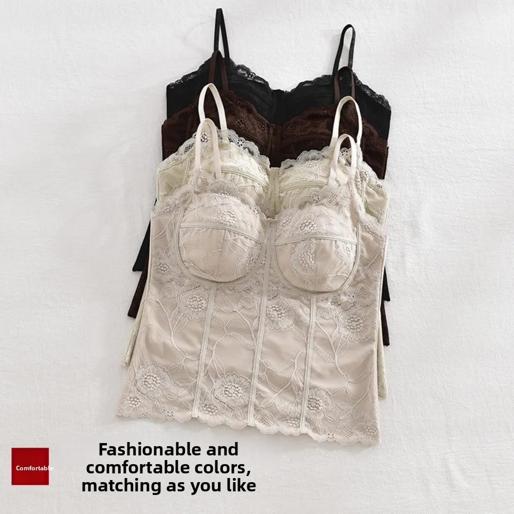 ファッションメッシュフラワー スリムレースクロップトップ ボトムシャツ フィッシュボーンライン ガールズベストトップ Vネックベスト キャミソール パッド付き レディース