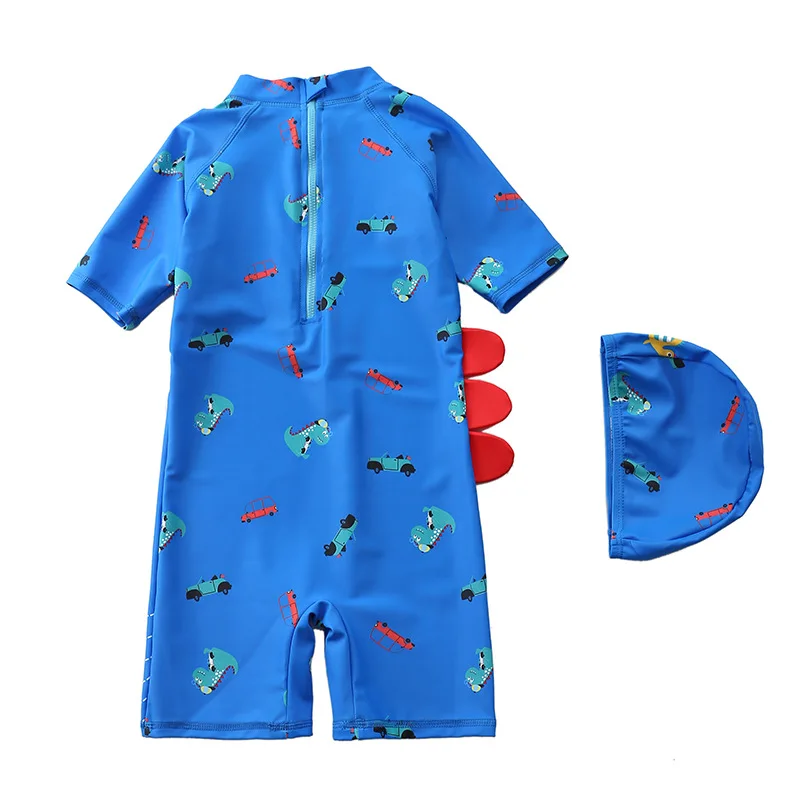 HappyFlute New One Piece Short Sleeve With Cap Cartoon Print Sunscreen&Quick Drying Baby Boy Swimsuit