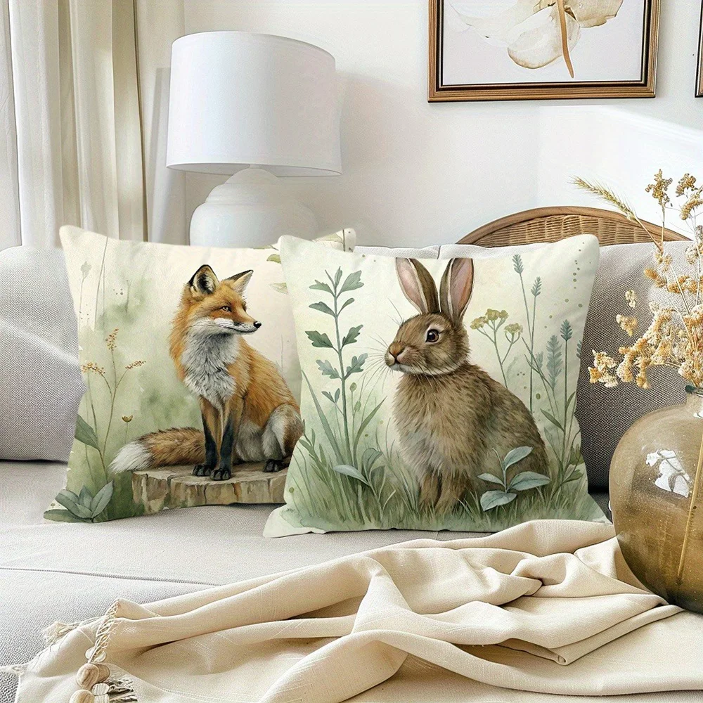 أغطية وسائد زخرفية مطبوعة للحياة البرية: تصميمات ثعلب ودب وغزلان وأرنب غطاء وسادة أريكة لتزيين غرفة المنزل #3