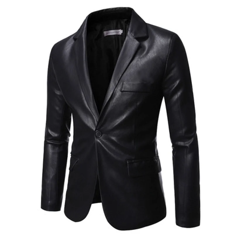 Men\'s suit jacket casual Korean style slim fit business wear PU leather blazer