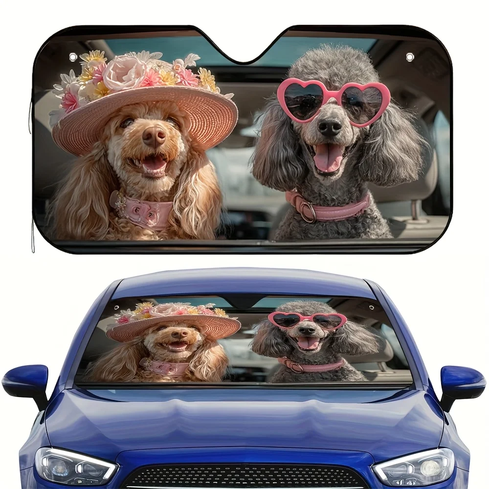 1 parasol blanco para coche con caniche y Jack Russell Terrier con 4 ventosas, bonito estampado de perro caniche y JRT, cristal de moda con corazón rosa