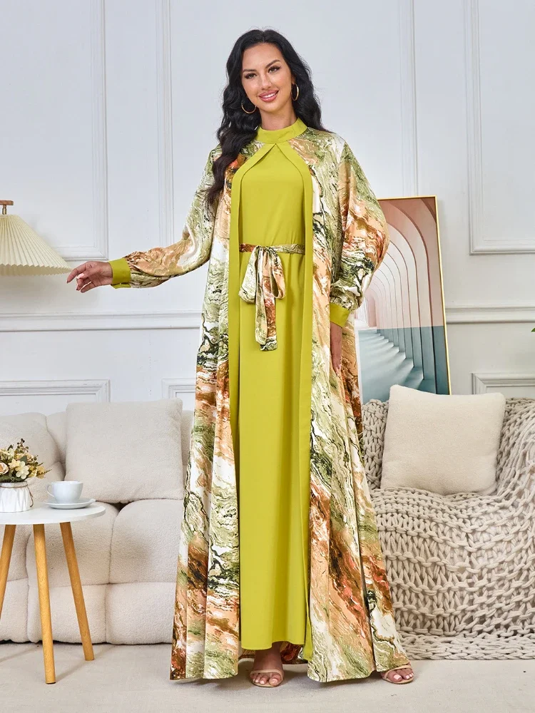 Moroccan Caftan for Women Muslim Suit Ramadan 2 Piece Set Dress Dubai Arabic Long Robe Abayas Kaftan Islam Print Vestidos