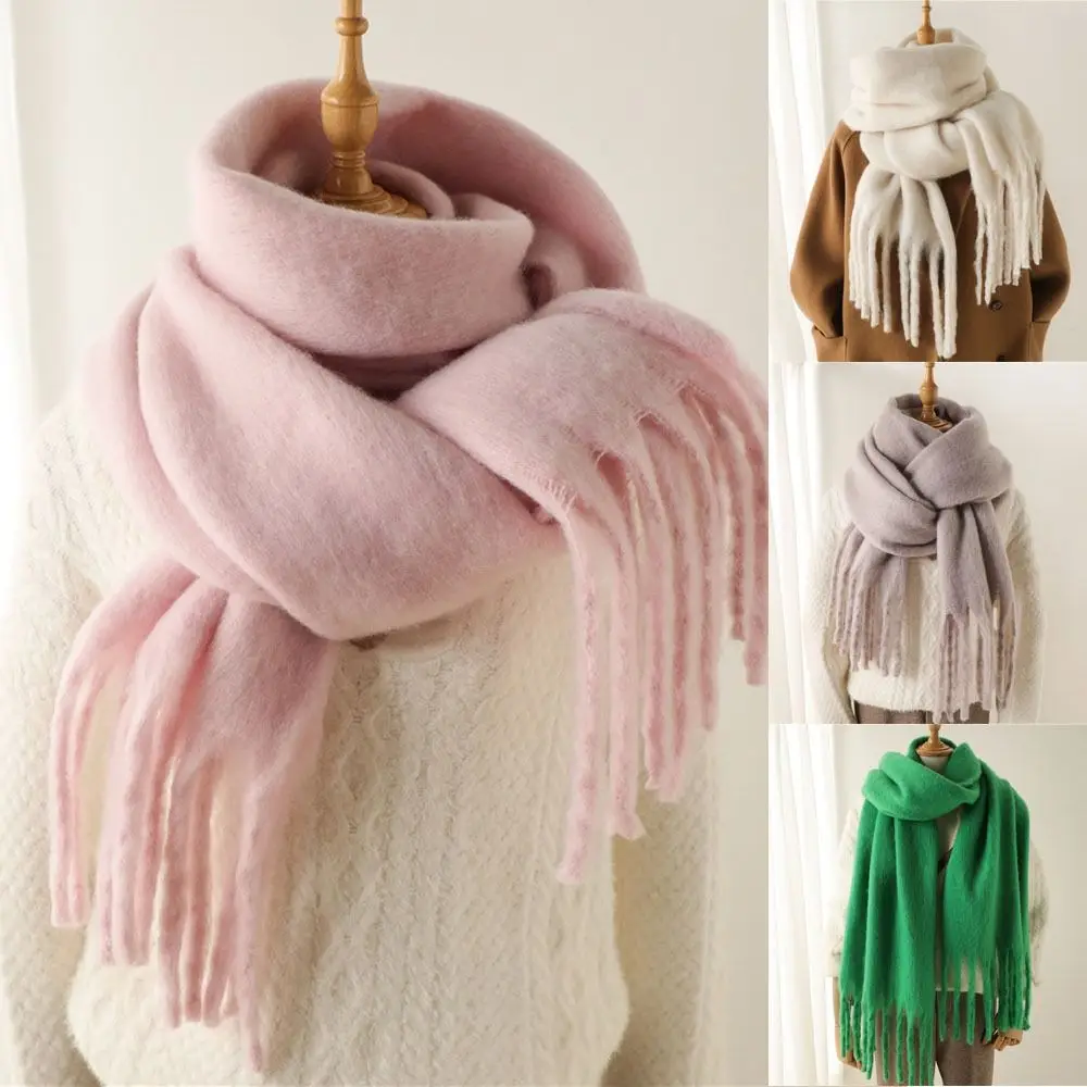 New Mohair Women Scarf Female Winter Warm Thickened Solid Color Long Scarves Soft Coarse Braid Tassel Shawl Viscose Wrap Shawls