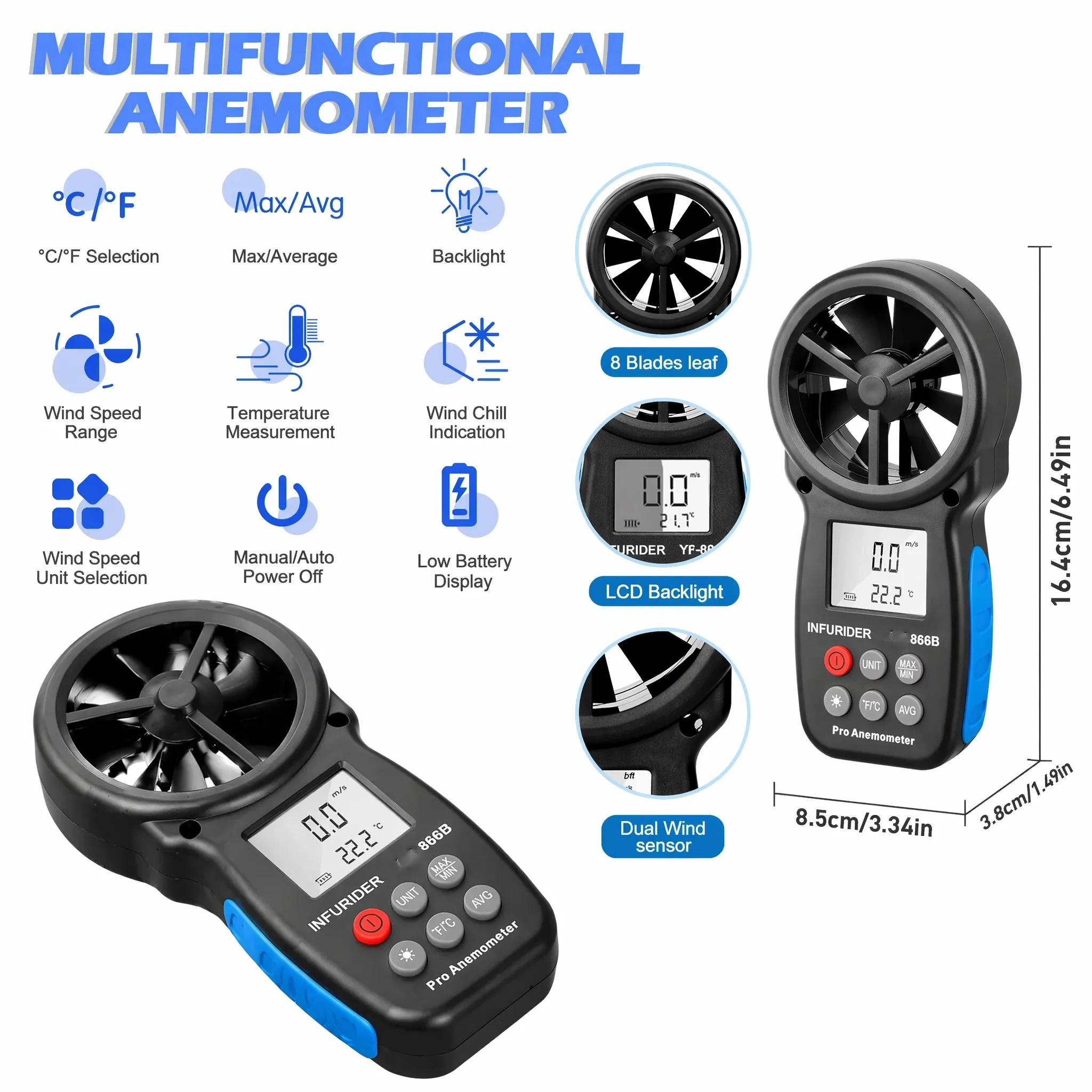 886B Handheld  Anemometer 0.3-30m/s Wind Speed/Temp Mete with LCD /Wind Gauge/MAX/MIN Air Flow Tester for Droner&Sailing