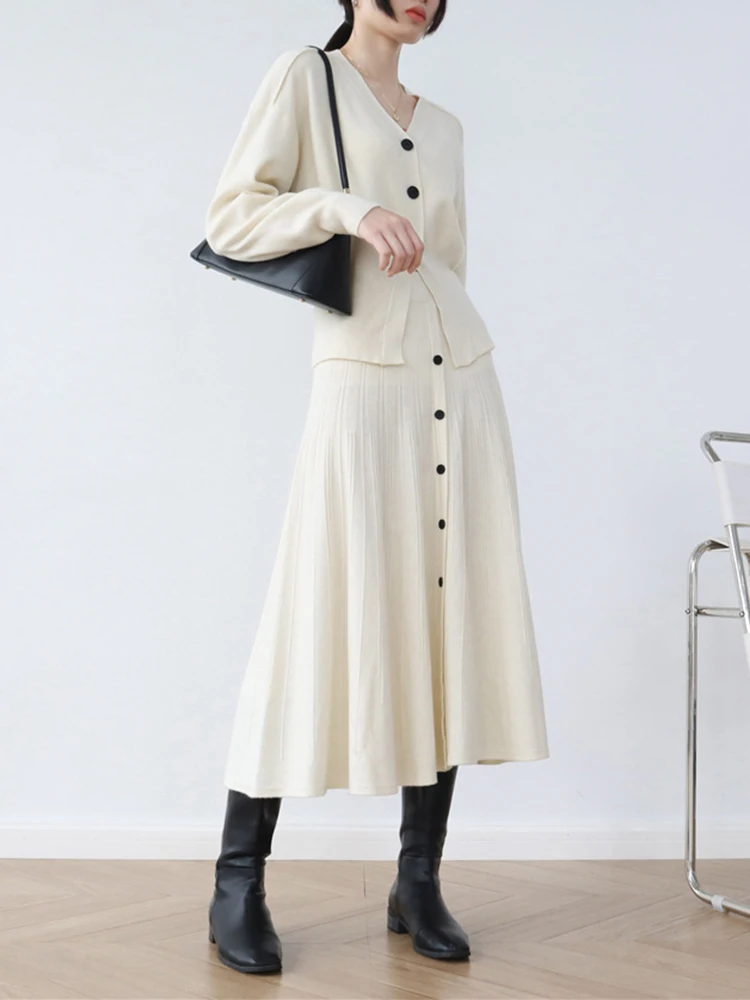 FANAN Set Rajutan Fashion 2 Potong Untuk Wanita Atasan V-Neck Kancing Tunggal + Rok A-line Pinggang Tinggi Wanita Musim Gugur 2025 Terbaru