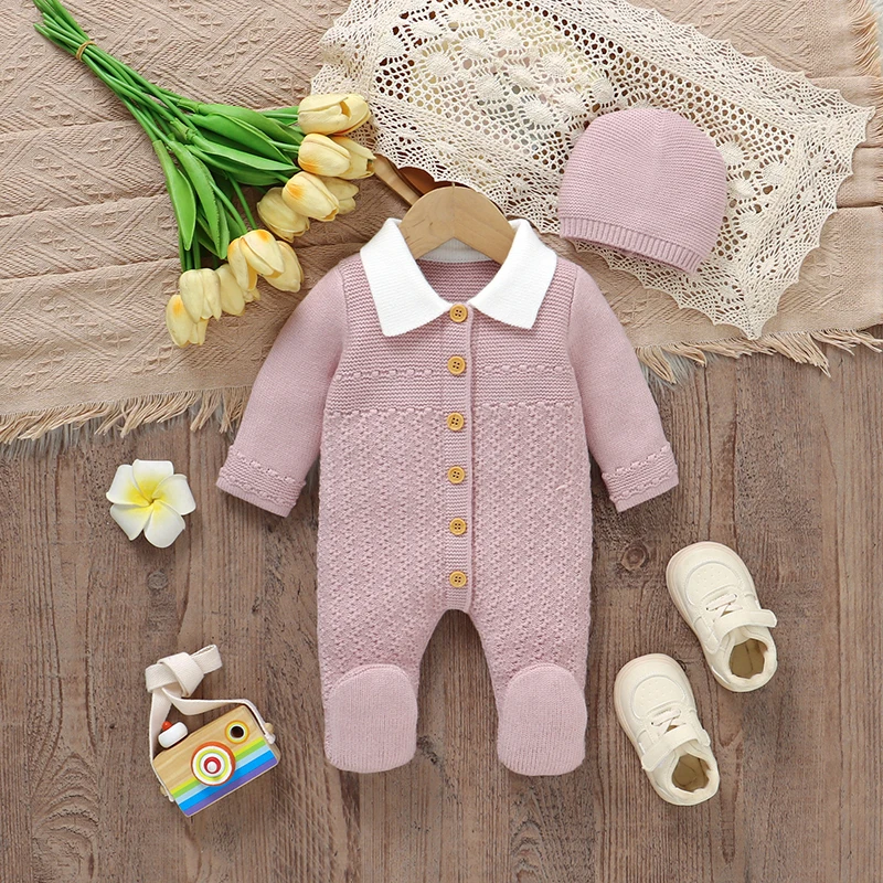 Baby Romper Knit Infant Child Clothes Hat 0-9M Fashion Solid Newborn Girl Jumpsuit Long Sleeve Overalls Pantyhose 2pcs Foot Warp