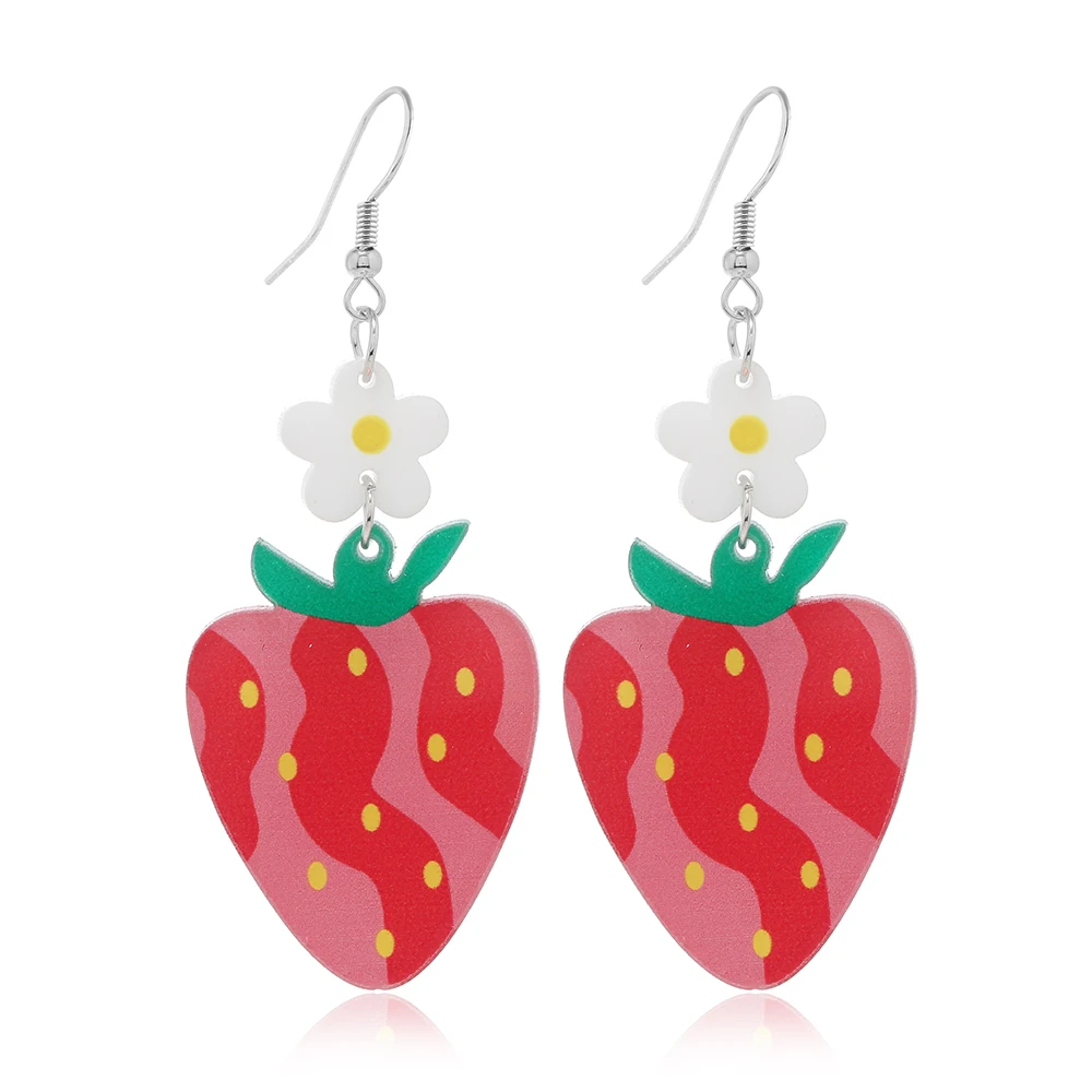 Summer and Autumn Cool Fruits Sweet Strawberry Earrings Earrings Acrylic Green Leaves Yellow Flower Earrings Female Ornament