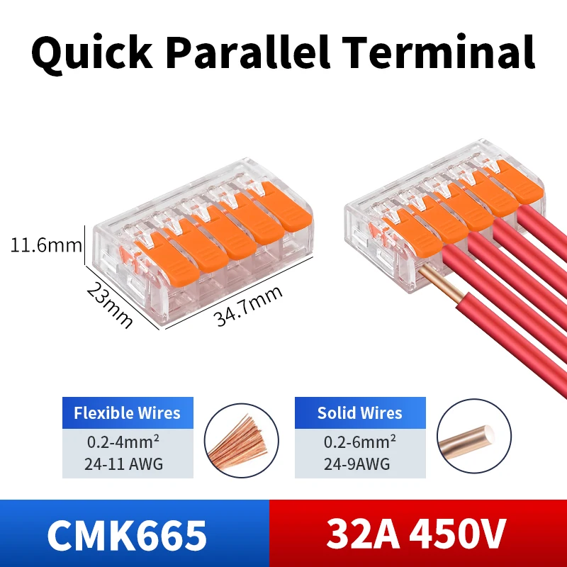 5Ports Electrical Compact Splicing Household Connectors CMK66 1 in 1 out Quick Parallel Terminal Wide Capacity 0.2-6mm²/24-9AWG