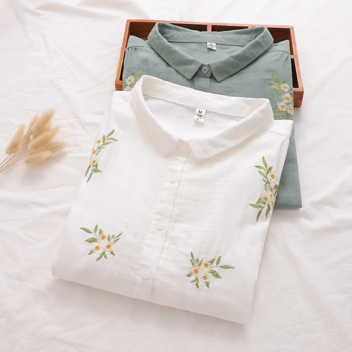 100% Cotton yarn large size tops women summer 3/4 sleeves lapel floral embroider shirts blouses middle aged women clothing