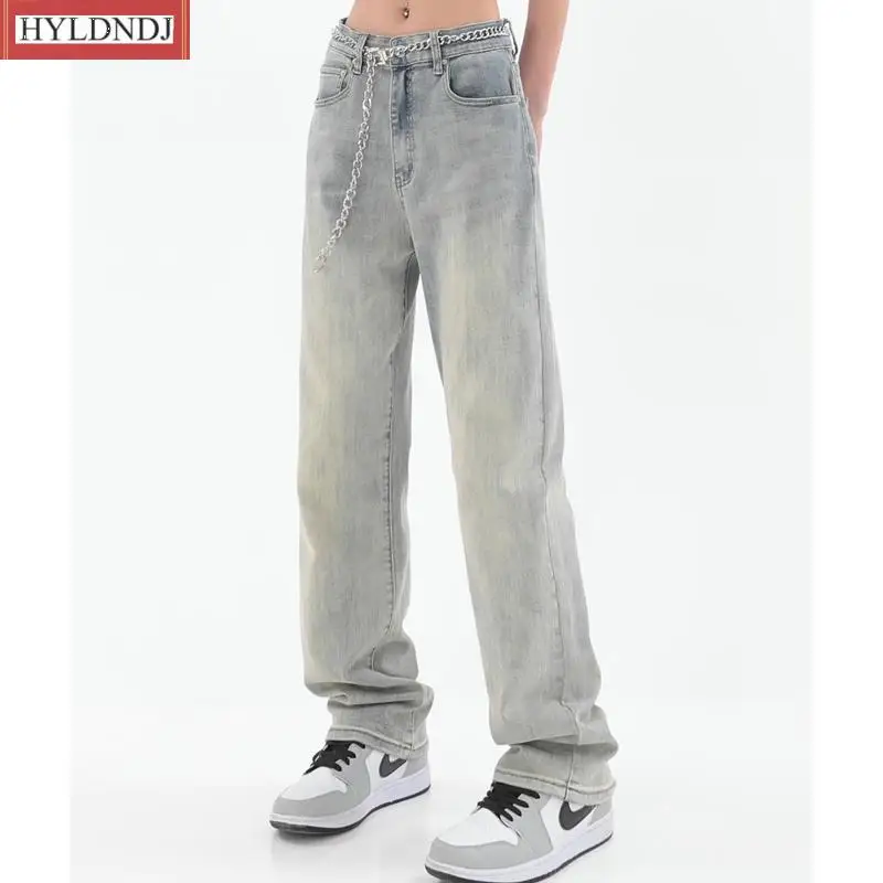 Light Blue Women Jeans Vintage High Waist American Streetwear Straight Baggy Trouser Fashion Casual Autumn Wide Leg Denim Pants