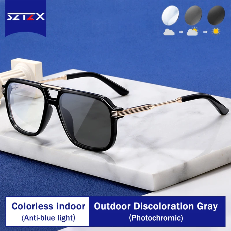 

SZTZX New Fashion Men's Large Frames Photochromic Anti-Blue Light Reading Glasses Customizable Prescription Myopia Hyperopia