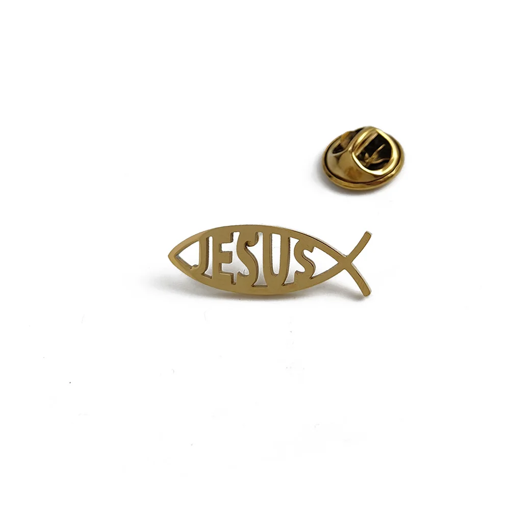 Trendy religious elements brooch Jesus fish shape JESUS ​​letter lapel pin, clothing bag decoration, popular religious jewelry view 6