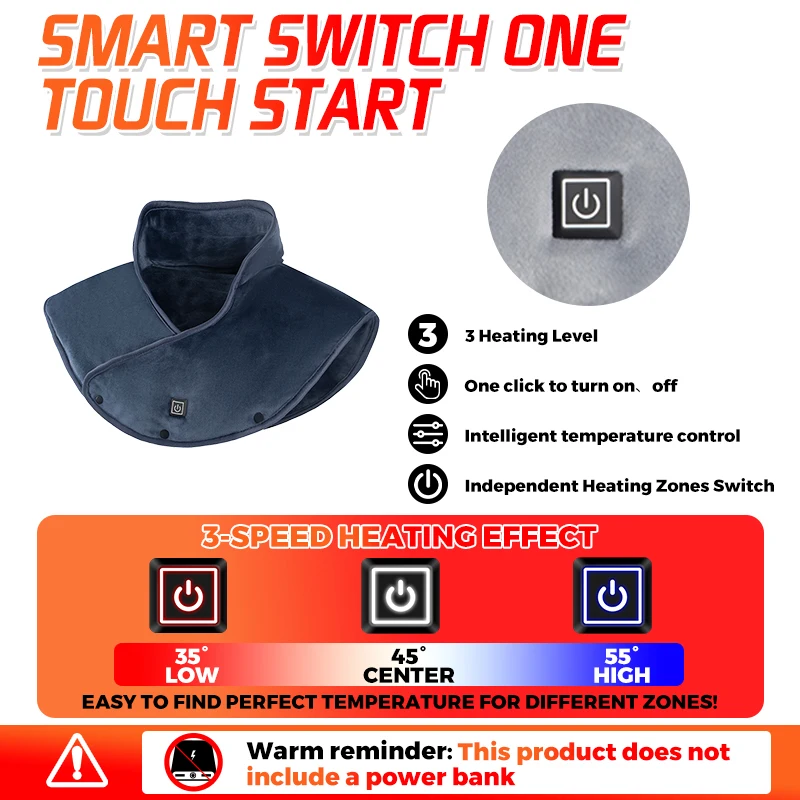3 Zone Electric Heating Shawl Winter Warm Heated Shoulder Wrap USB Powered Thermal Scarf Cold Weather Indoor Outdoor Neck Pad