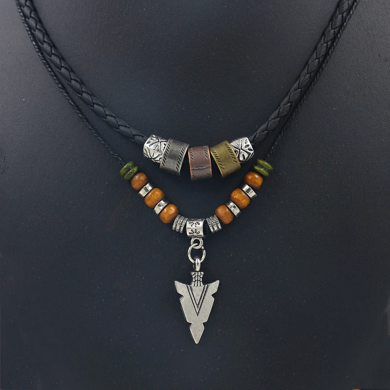 Stacked Artificial Leather Rope Beaded Necklace Men Vintage Layered Tribal Arrow Pendant Necklace For Men Jewelry Collar Chain
