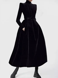 French Hepburn Velvet Black Midi Dress Women Elegant High Neck Long Sleeve Dress Sexy Court Retro Evening Party Y2k Dress Winter