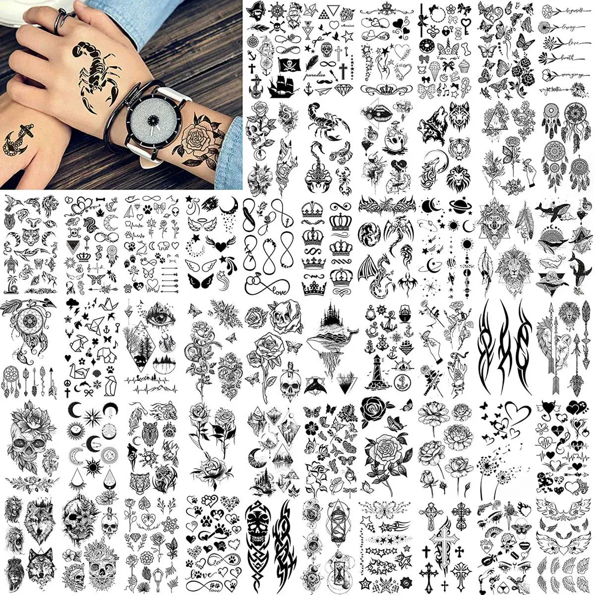 52 Sheets DIY Tiny Temporary Tattoos Sticker For Adults Finger Fake Crown Infinity Tattoo Black Stars Letters Star Tatoos Paste