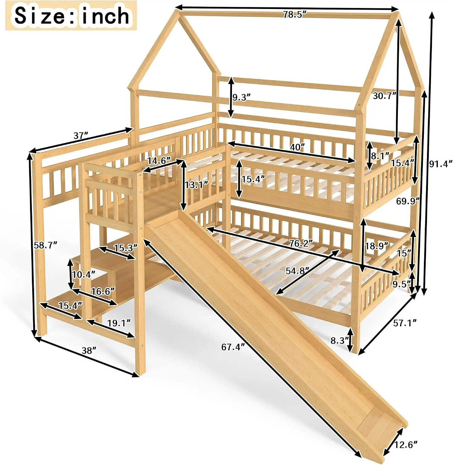 Full over Full Bunk Bed with Playhouse Design Roof, House Bunk Beds with Storage Stairs & Slide, Wood Bunkbed for Kids, Girls, B