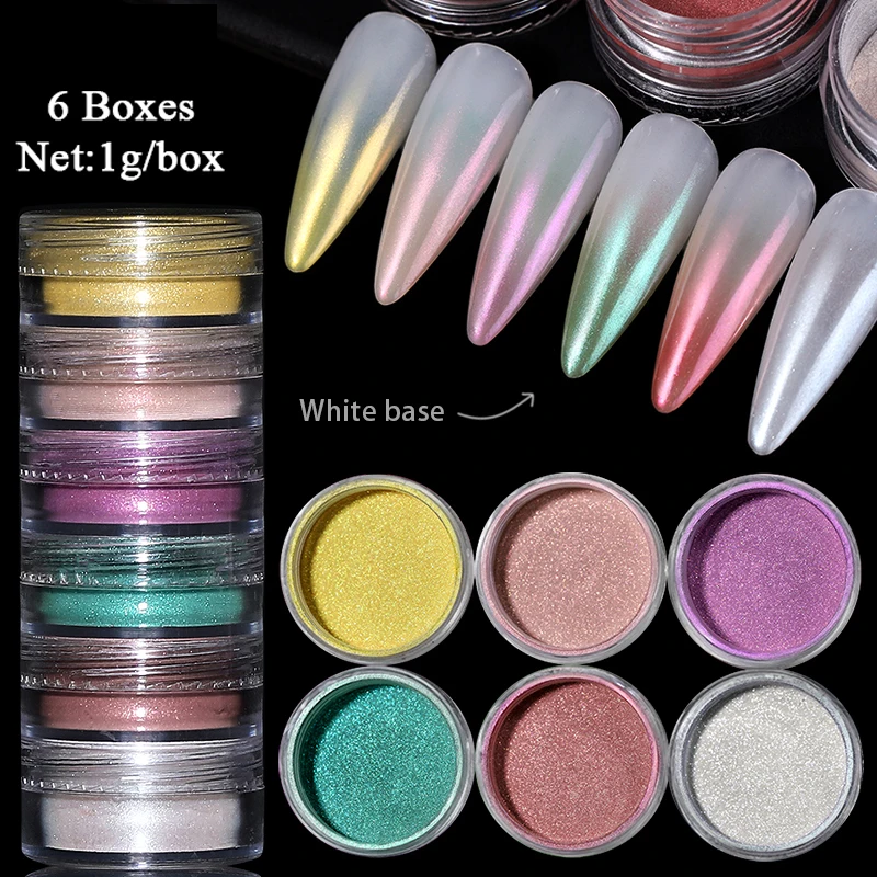 6Box/Set Pearl Ombre Nail Powder Kit Glitter Shell Pigment Mirror Effect Rubbing Dust Gel Polish Nail Decorations Manicure