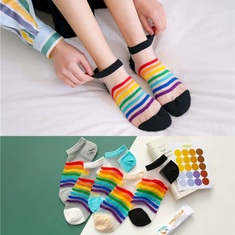 5 Pairs Spring Summer Women Socks Silk Cotton Girls Striped Transparent Glass Fiber Fashion Rainbow Harajuku Cute Ankle Socks