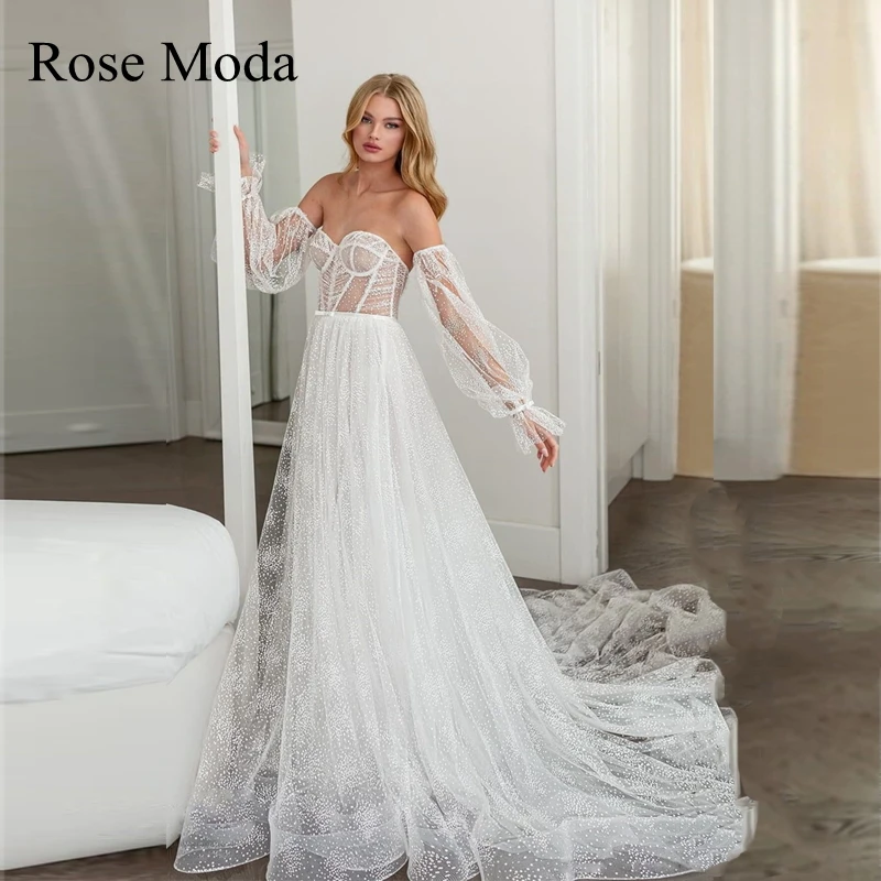 

Rose Moda Detachable Long Sleeves Glittering Lace Princess Wedding Dresses Destination Bridal Gown Custom Make