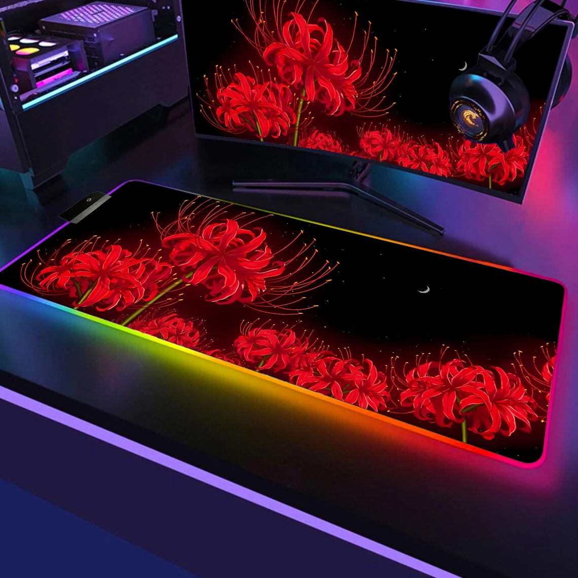 

Large Gaming Mouse Pad Rgb Led Wisteria Demon XXL Gaming Deskmat Red Spider Lily Desk Mat Death Flower Anime Mousepad Aesthetic