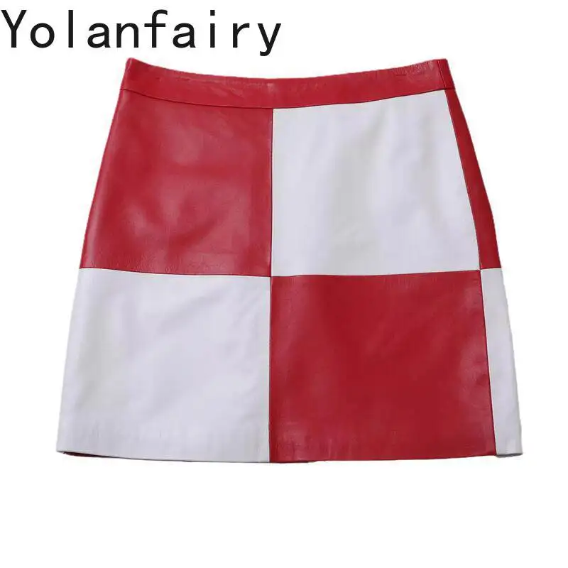 

YOLANFAIRY 2026 Autumn Women Genuine Sheepskin Skirt Red Plaid High Waist Color Block A Line Skirt Real Leather Short Skirts