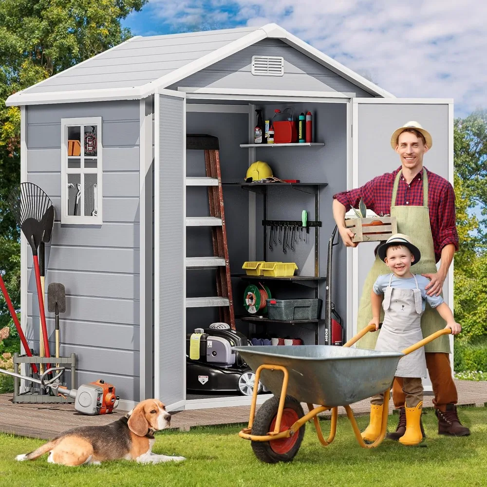 

6 x 4 FT Outdoor Resin Storage Shed with Reinforced Floor with Lockable Door, Window and Vent, Waterproof Plastic Tool Storage