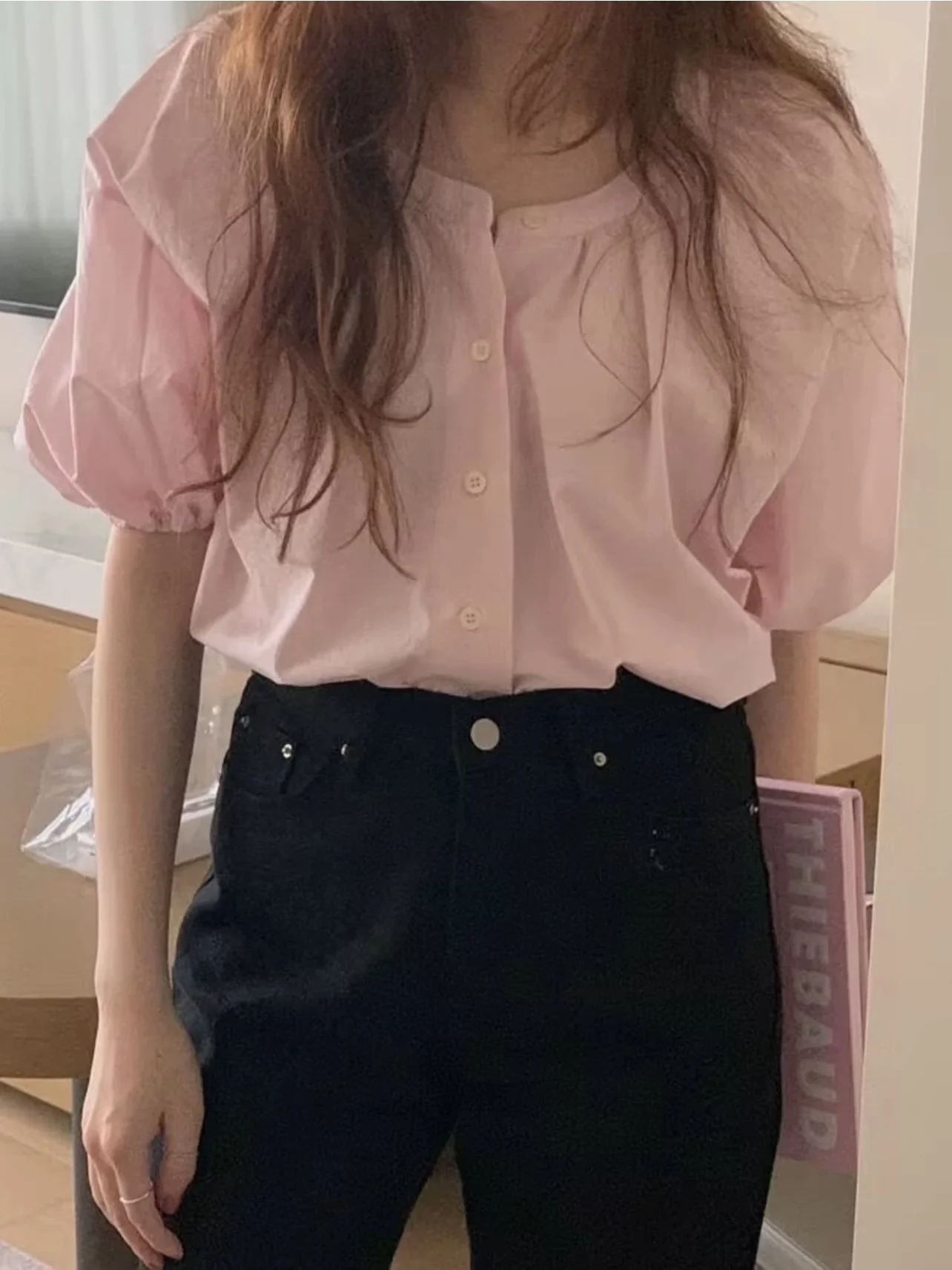 

Женская рубашка Miss Candy в корейском стиле ретро с множеством пряжек, свободного кроя, с рукавами-фонариками, воротником-стойкой, омолаживающая, в стиле кукольной блузки