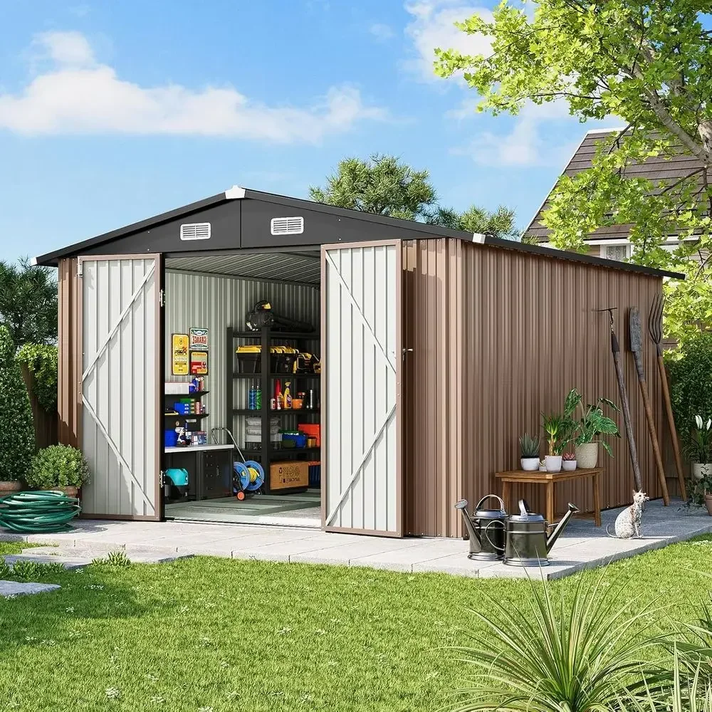 10x12 Outdoor Storage Shed with Floor Foundation and Lockable Double Doors