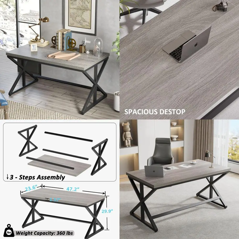 مكتب Gray Oak 47 على طراز المزرعة: محطة عمل واسعة للألعاب والمكتب مع خشب ريفي ومعدن #1