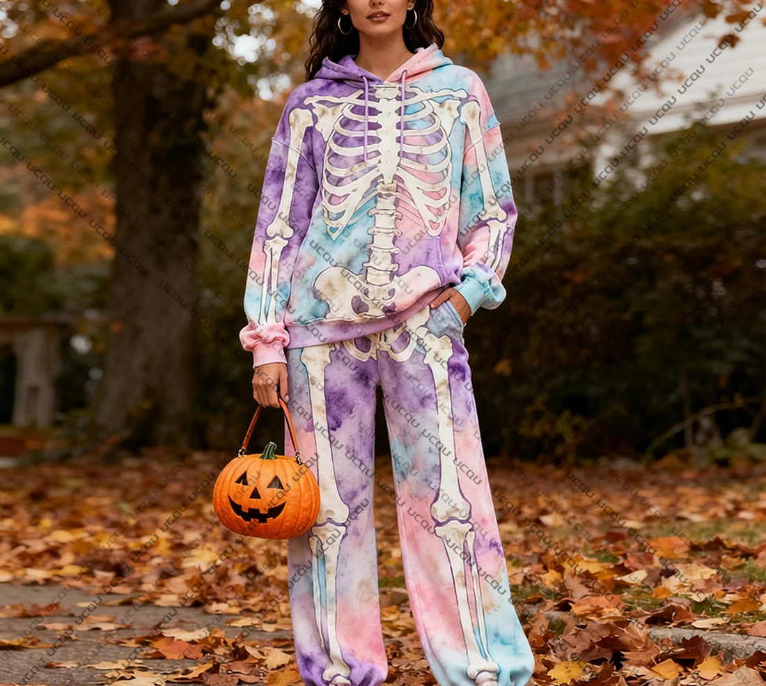 

Новый комплект из толстовки и брюк с капюшоном на Хэллоуин, ужасный скелет, модный зимний весенний комплект с 3D принтом, праздничный нарядный комплект