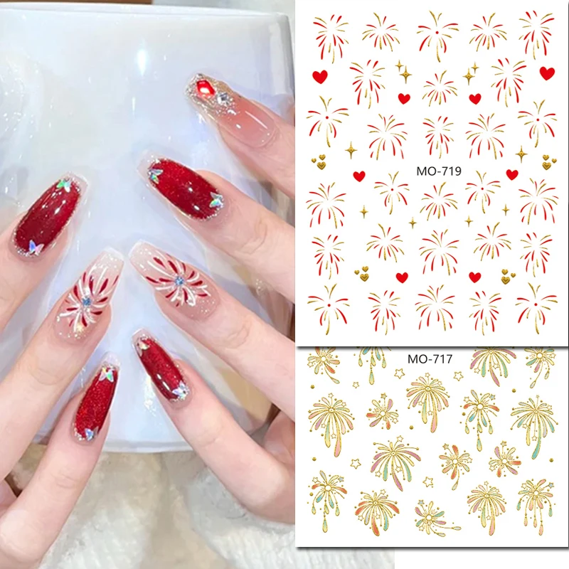 3 uds 5D calcomanías de Arte de uñas en relieve Año Nuevo Chino rojo FFireworks oro corazones estrellas pegatinas decoraciones para manicura