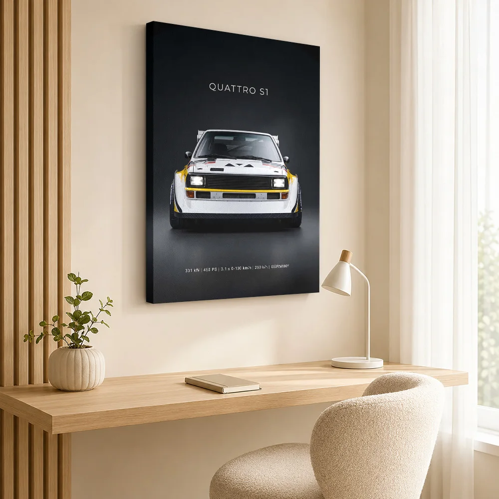 German Quattro S1 Rally Car Framed Canvas Poster Customized Photo Realistic Studio Illustration Wall Art For Motorsport Lounge